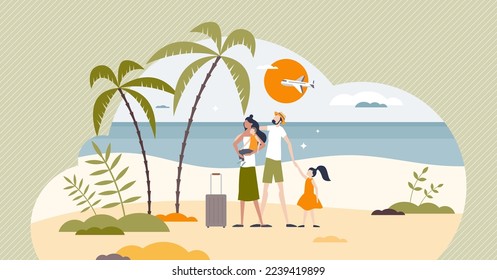 Family on vacation and parents with children at tropical beach tiny person concept. Holiday activity to spend quality time together vector illustration. Travel to summer exotic destinations with kids.