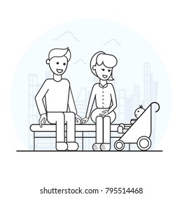 Family on vacation in the Park. Mom and dad are sitting on the bench, and their child is in the stroller for a walk. Vector illustration. Linear style