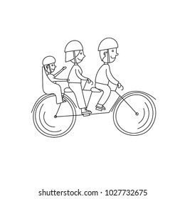 Family on vacation riding a tandem with a child seat