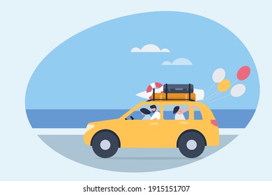 A Family On A Vacation Trip Travelling In A Car On A Beach Road