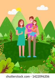 Family on vacation vector, people smiling and eating ice cream in green park, man and woman married couple with kid mountains and nature landscape, weekend in park