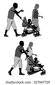 Family on the walk with the baby in the stroller. Silhouette on a white background.