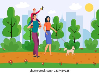 Family on a walk in a city Park, vector clipart