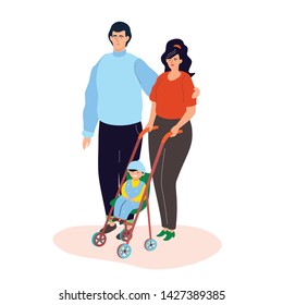 Family on a walk - colorful flat design style illustration on white background. High quality composition with a wife and husband, a happy couple and their cute kid in a cart