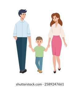 Family on a walk. Dad, mom, son. Color vector illustration.