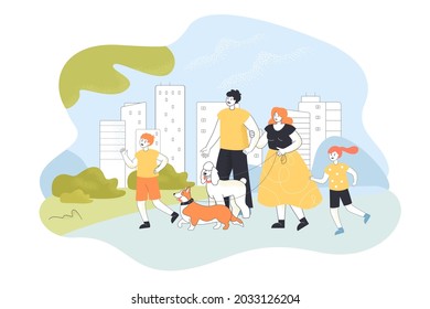 Family on walk in modern city park flat vector illustration. Happy parents, mom, dad, children, son, daughter walking dogs together in nature. Family, love, pet, animal, nature, leisure concept