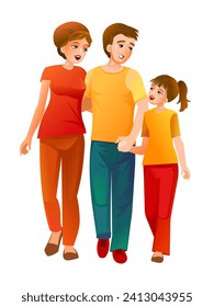 Family on walk. Parents and daughter child. Isolated on white background. Funny cartoon style. Picture vector