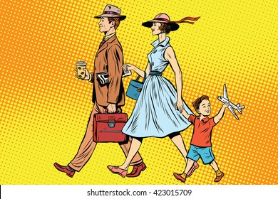 Family on a walk pop art retro style. father, mother and son. Family vector. Retro family happy