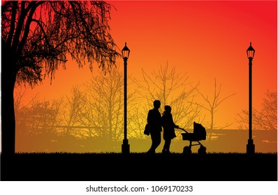 Family on a walk. Silhouettes of people