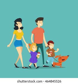 Family on walk. Vector illustration.