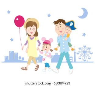 A family on the way home, isolated on white background.