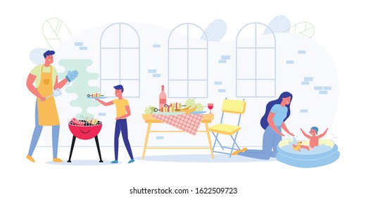 Family on Weekend Preparing Barbecue and Chatting. Mom Plays with her Daughter, who Frolics in Inflatable Pool. Son and Father Cook Food Fire. On Table are already Fried Vegetables, Fruits and Wine.