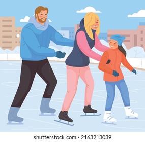 Family on winter park ice rink. Parents teaching kid skating. Vector illustration