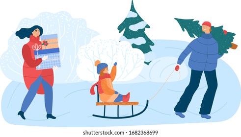 Family on winter rink, christmas time concept and vector illustration, isolated on white background. Characters man, kid, woman in winter park with show and xmax fir. Cartoon style.