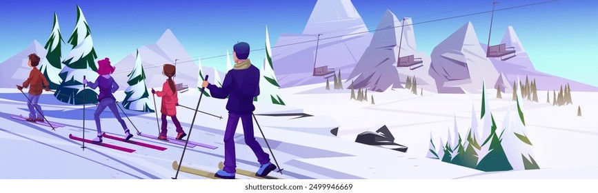 Family on winter ski resort vacation. Cartoon vector back view on man, woman and children boy and girl in cold season clothes and downhill activity equipment on snowy mountain with cableway and forest