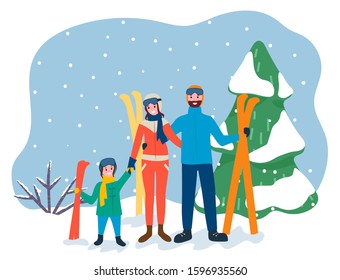 Family on winter vacation, mother father and kid in skiing resort. People smiling and posing on forest background. Mom and dad with child holding equipment for active sports. Vector in flat style