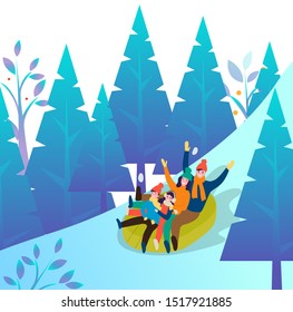 Family on winter vacation vector. Mother and father with daughter and son sloping sitting in tube. Landscape in cold season with pine trees and foliage. Snowy hill and happy parents with children