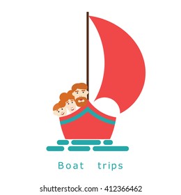 Family on a yacht at sea. Illustration boating family on a white background. Family walking 
on the sea yachts, boats and ships. Advertising marine tours and travel. Stock vector