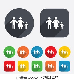 Family with one child sign icon. Complete family symbol. Circles and rounded squares 12 buttons. Vector