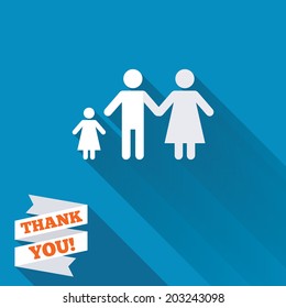 Family with one child sign icon. Complete family symbol. White flat icon with long shadow. Paper ribbon label with Thank you text. Vector