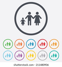 Family with one child sign icon. Complete family symbol. Round circle buttons with frame. Vector
