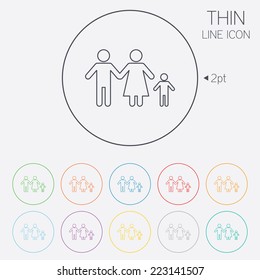 Family with one child sign icon. Complete family symbol. Thin line circle web icons with outline. Vector