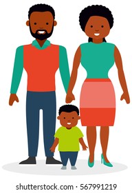 Family with one child, a son. African-American family. African ethnic people. White background. Flat vector illustration