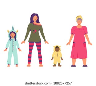 Family with one parent, mother, children, grandmother, black foster child. Fun pyjama party in beautiful colourful unicorn pyjamas, teddy bear, pink robe and turban. Comfortable home clothing