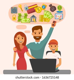 Family online banking vector illustration. Money finance currency transfer transactions, paying or buying, shopping service web online bank concept. Happy people man, woman parents, child with laptop.