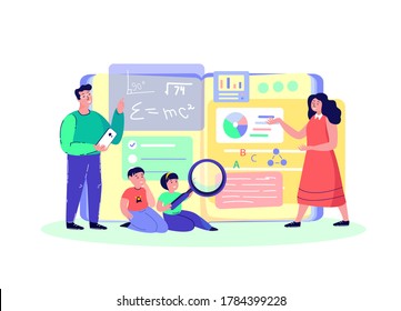 Family Online Education for Children.Parents,Mother,Father, Children Students Kid Study,Homework.Lesson with Family.Digital Learning.Home Schooling. Pupil Study,Internet Book. Flat Vector Illustration