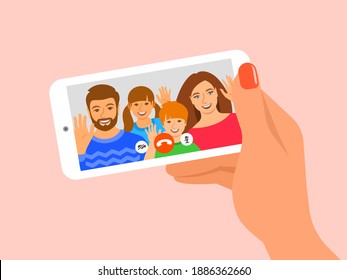 Family online video call by smartphone. Happy family, mom, dad and kids say hi virtually in mobile video call app. Flat cartoon illustration. Stay in touch with your loved ones at corona quarantine.