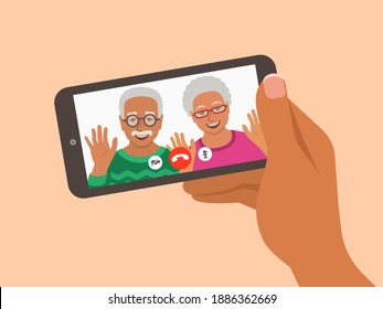 Family online video call by smartphone. Grandparents, grandfather and grandmother say hi virtually in mobile video call app. Flat cartoon illustration. Stay in touch with your loved ones