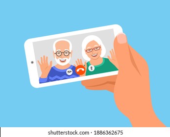 Family online video call by smartphone. Grandparents, grandfather and grandmother say hi virtually in mobile video call app. Flat cartoon illustration. Stay in touch with your loved ones