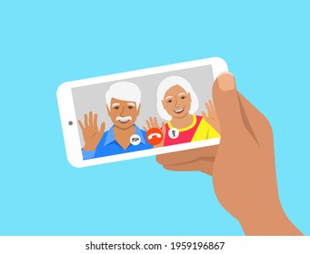 Family online video call by smartphone. Indian grandparents, grandfather and grandmother say hi virtually in mobile video call app. Flat cartoon illustration. Stay in touch with your loved ones