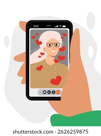 Family online video call by smartphone. Grandmother say hi virtually in mobile video call app. Sent virtually love heart to your family. Flat cartoon illustration. Stay in touch with your loved ones.