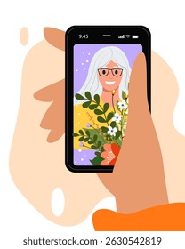 Family online video call by smartphone. Grandmother say hi virtually in mobile video call app. Sent virtually love heart to your family. Flat cartoon illustration. Stay in touch with your loved ones.