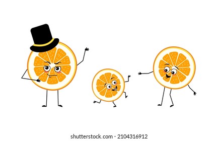 Family of orange slice characters with happy emotions, smile face, happy eyes, arms and legs. Mom is happy, dad is wearing hat and child is dancing. Vector flat illustration