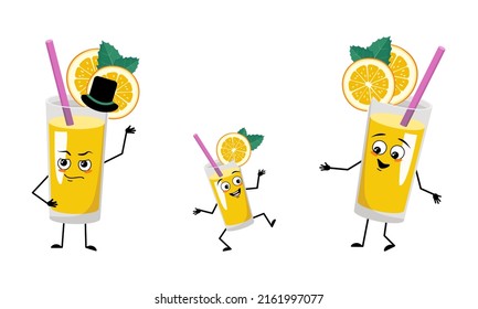 Family of orange smoothie character with happy emotions and poses, smile face, eyes, arms and legs. Mom is happy, dad is wearing hat and child with dancing pose. Vector flat illustration