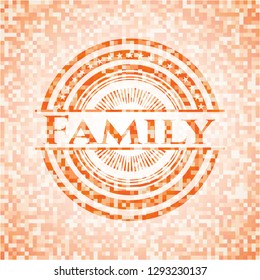 Family orange tile background illustration. Square geometric mosaic seamless pattern with emblem inside.