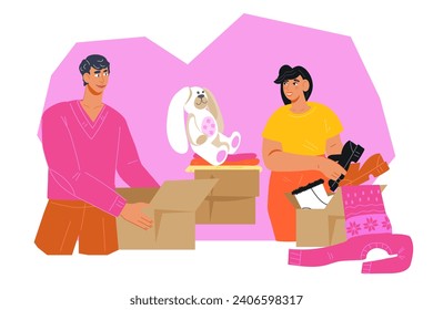 Family organizes the move and pack their belongings, flat vector illustration isolated on white. Moving into or out of house. Relocation help.