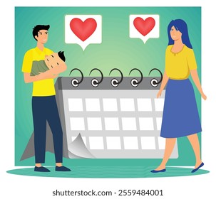 Family organizing their calendar schedule with love and care. Includes a father holding a baby with the supportive presence of the mother nearby. Flat vector modern illustration 