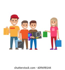 Family out on shopping elder sister and elder brother with bags and two little brothers with boxes and bag on white background. Cartoon children has fun during shopping vector illustration.