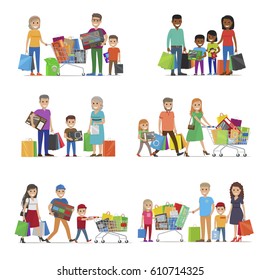 Family out on shopping. International characters with trolley carts, boxes or bags, African and European family, grandparents kids Spending free time together. Cartoon people vector illustration.