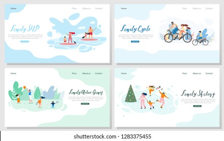 Family Outdoor Activities Flat Vector Web Banners Set. Happy Parents with Children Riding Bicycle, Playing Active Sport Games in Park, Skating on Ice Rink, Paddleboarding on Summer Resort Illustration