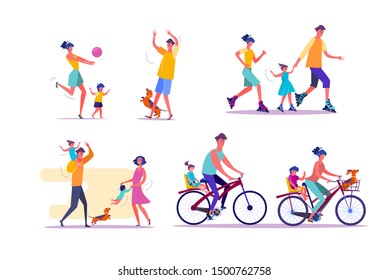 Family outdoor activities set. Parents and children cycling, playing ball, roller skating. People concept. Vector illustration for topics like leisure, movement, active lifestyle