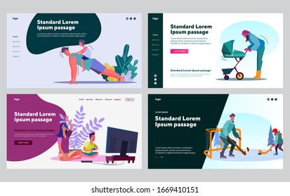 Family outdoor activities set. Parents and children walking, exercising, playing sport, video games. Flat vector illustrations. Leisure, family concept for banner, website design or landing web page
