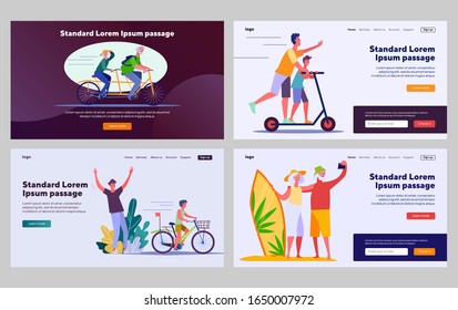 Family outdoor activities set. Senior couple, dad and son riding bikes. Flat vector illustrations. Togetherness, lifestyle, leisure concept for banner, website design or landing web page