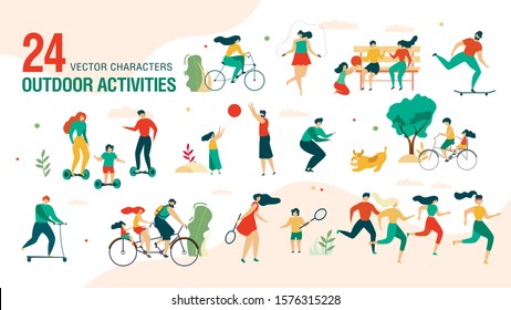 Family Outdoor Activities, Summer Leisure Entertainment Trendy Vector Set Isolated on White Background. Parents with Children Playing in Park, Riding Bicycle, Playing in Park Characters Illustration