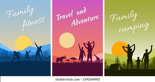 Family outdoor activities, travel and camping. Set of postcards with landscape, parents and child on vacation in nature. Silhouettes of people - dad, mom and son have a rest together. Vector posters.