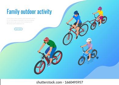 Family outdoor activity. Happy family concept. Healthy Lifestyle Outdoor. Bicycle isometric people.